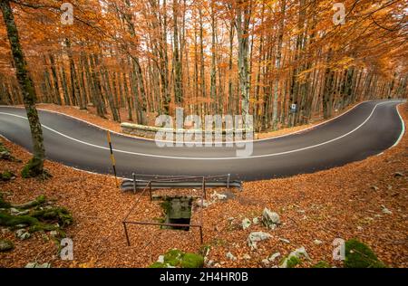 Eingebettet in die wunderschönen Abruzzen, Latium und den Molise Nationalpark, ist Forca d'Acero für seine Herbstfarben berühmt Stockfoto