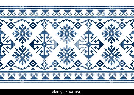 Zmijanski vez traditioneller Kreuzstich-Stil Vektor nahtloses Muster - langes horizontales Design inspiriert von Volkskunst aus Bosnien und Herzegowina Stock Vektor