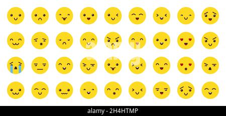 Emoticon lächeln flache Symbole. Cartoon gelbe Emoji Face Set. Comic lustige Kreis Kopf Charakter Sammlung. Glücklich, traurig, wütend, weinen, Liebe Gefühl Person Emotion Symbol für Web-Chat, Nachricht Aufkleber Stock Vektor