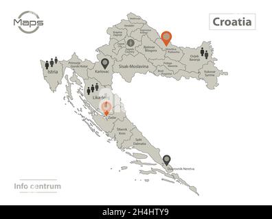 Kroatien Karte, einzelne Regionen mit Namen, Infografiken und Icons Vektor Stock Vektor