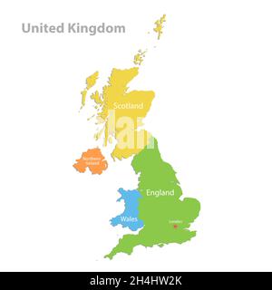 Vereinigtes Königreich Karte, administrative Teilung, separate einzelne Regionen mit Namen, Farbkarte isoliert auf weißem Hintergrund Vektor Stock Vektor