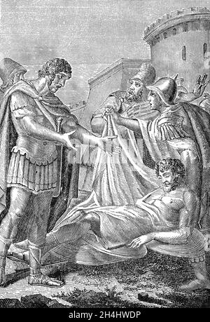 Eine Illustration des Octavian aka Caesar Augustus (63 v. Chr. – 14 n. Chr.) aus dem späten 19. Jahrhundert, die den Körper von Mark Antony zeigt. Octavian war der erste römische Kaiser und regierte von 27 v. Chr. bis zu seinem Tod im Jahre 14 n. Chr. Der Gründer des römischen Principates (der ersten Phase des Römischen Reiches) war einer der effektivsten Führer der Menschheitsgeschichte. Während des andauernden Konflikts mit Antony und Kleopatra verfolgte und besiegte Octavian ihre Truppen in Alexandria im Jahr 30 v. Chr., woraufhin Antony Selbstmord beging, indem er auf sein eigenes Schwert fiel. Stockfoto