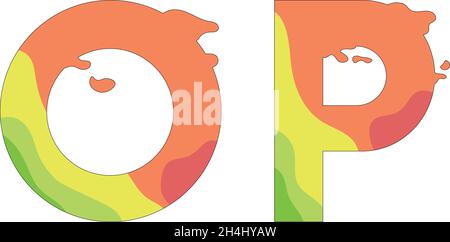 Darstellung der farbigen Buchstaben O und P auf weißem Hintergrund. Vektorbild für schöne Inschriften, Logos, gebrauchsfertig, eps. Für Ihr Design. Für Stock Vektor
