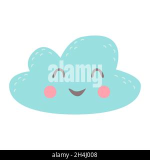 Nette Wolke mit glücklich lächelndem Gesicht. Lustige Baby-Figur. Kindliche flache farbige Vektorgrafik isoliert auf weißem Hintergrund Stock Vektor