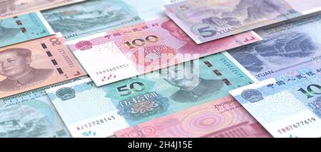 Yuan Renminbi Rechnung Banknoten Hintergrund. Chinesische Papierwährung 100, 50, 20, 10 und 5 yan. Konzept der chinesischen Wirtschaft Stockfoto