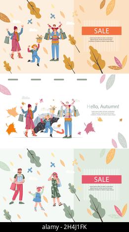Verkauf Banner für verschiedene Jahreszeiten mit Menschen einkaufen Waren gesetzt. Rabatt Flyer und großen Verkauf Sonderangebot Poster Vorlage, flache Cartoon-Vektor il Stock Vektor