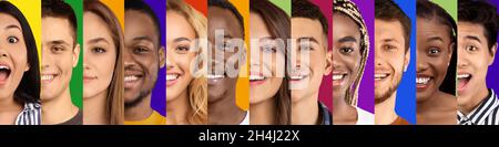 Überrascht, glücklich, lächelnd und ruhig Millennial internationalen Menschen auf bunten Hintergrund Stockfoto