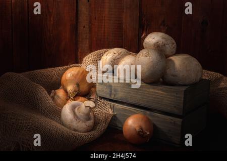 Pilze in einer Holzkiste auf dunklem Holzhintergrund im rustikalen Stil Stockfoto