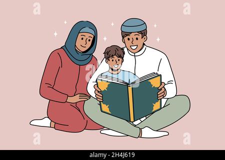 Religiöse Erziehung und islam Konzept. Glückliche junge arabische Familie Vater Mutter und Sohn sitzen auf dem Boden und lesen koran Buch Vektor Illustration Stock Vektor