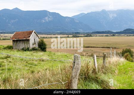 Alte verlassene und romantische Hütte auf einer Heuwiese mit einem beschädigten Dach auf einer trockenen Weide, die eingezäunt ist. Im Hintergrund ein Moor und die alpen Stockfoto