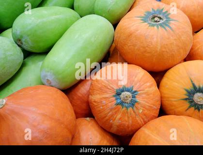 Haufen von leuchtend orangefarbenen Kürbissen und leuchtend grünen Wintermelonen Stockfoto