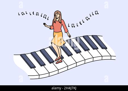 Musik und Klavierspiel Konzept. Junge Frau Cartoon-Figur Pianistin zu Fuß über riesige Klaviertasten mit Melodienoten über Vektor-Illustration Stock Vektor