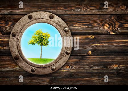 Nahaufnahme eines alten rostigen geschlossenen Bullauge-Fensters mit einsamem Baum, der auf der Wiese steht. Alte reiche Holz Maserung Textur Hintergrund mit Knoten. Stockfoto