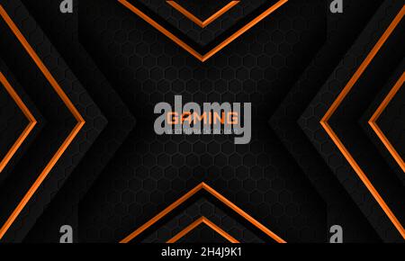 Futuristische Design-Vorlage für abstraktes Gaming-Banner in Schwarz und Orange mit sechseckiger Kohlefaser. Sechseckiges Dark-Tech-Konzept Stock Vektor