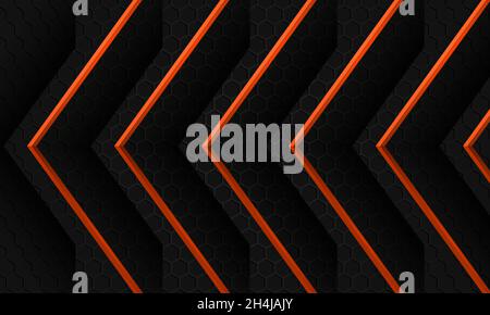 Dunkler abstrakter Sechseck-Hintergrund mit orangefarbenen Pfeilen auf einem grauen sechseckigen Gitter. Futuristische, moderne orangefarbene Metallic-Pfeile und dunkelgraue Waben Stock Vektor