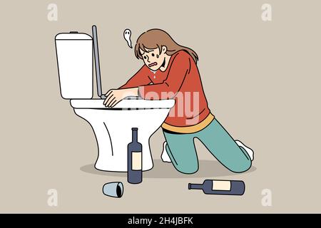 Kater nach Party-Konzept. Junge Frau Zeichentrickfigur auf Knien sitzend umarmt Toilette mit Flaschen Wein auf dem Boden stehend Gefühl krank Vektor-Illustration Stock Vektor