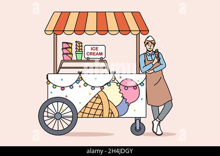Street Sweet Food Truck Konzept. Ladenecke mit Eiszapfen und verschiedenen Geschmacksrichtungen und Mann Verkäufer stehen in der Nähe Vektor-Illustration Stock Vektor
