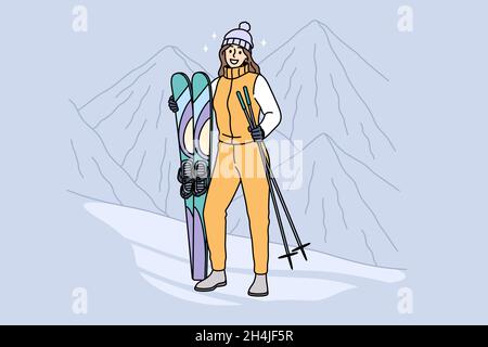 Aktives Winter-Lifestyle- und Freizeitkonzept. Junge lächelnde Frau Zeichentrickfigur stehend Bergski hält und Sticks auf Bergen im Winter Vektor-Illustration Stock Vektor