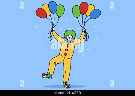 Kinder Unterhaltung Berufe während der Arbeit Konzept. Junger Mann Clown mit roter Nase im Kostüm stehend hält Haufen von bunten Luftballons Vektor-Illustration Stock Vektor