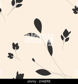 Vintage Blätter nahtloses Muster. Schwarze Zweige. Einfacher flacher blattbeiger Hintergrund. Minimalistisches Design für den Druck auf Stoff, Tapete, Papier Stock Vektor