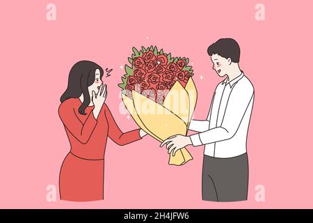 Mann geben Blumen gratulieren glückliche Frau Liebhaber zum Valentinstag. Liebevolle junge Gruß Mädchen machen Überraschung mit Blumenstrauß. Dating, Paar Beziehungen Konzept. Flache Vektorgrafik. Stock Vektor