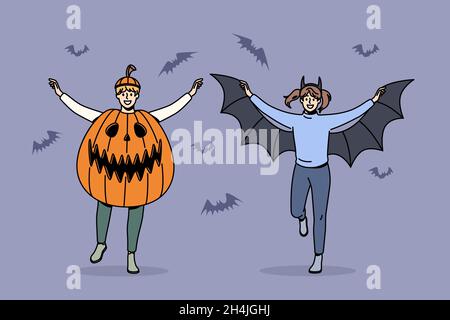 Kinder feiern Halloween Feiertagskonzept. Zwei lächelnde glückliche Kinder Junge und Mädchen tragen gruselige halloween-Kostüme feiern Urlaub Vektor Illustration Stock Vektor