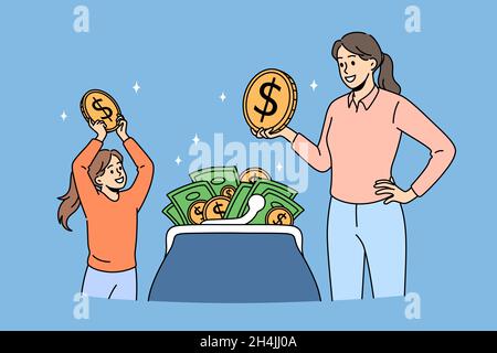 Vermögenseinsparungs- und Budgetkonzept. Lächelnde glückliche Mutter und Tochter stehen und nehmen goldene Münzen aus der Geldbörse Vektor-Illustration Stock Vektor