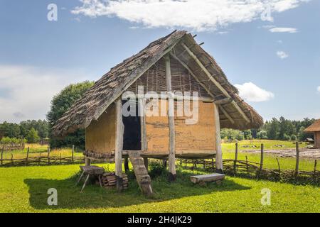 Keltisches Hochhaus auf Stelzen mit Strohdach im Celtic Freilichtmuseum in Nasavrky, Tschechien Stockfoto