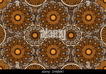 Afrikanischer Wachsdruck Stoff, ethnisch handgemachte Ornament Modedesign, Afro ethnische Blumen und Tribal-Motive geometrische Elemente Vektor braun Farbe Textur Stock Vektor