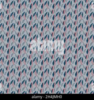 Nahtloses, sich wiederholendes Muster mit abstrakten Blattformen in Grau, Dunkelblau und Weiß, Rot auf grauem Hintergrund. Modernes und stilvolles Textil, Geschenkverpackung, Packung Stockfoto