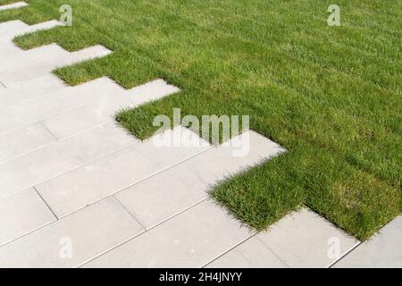 Rasengras und Gehweg auf dem Wandergebiet im Garten oder Park. Landschaftsgestaltung des Rasens und Verbesserung des Territoriums in der Nähe des Hauses. Hochwertige Fotos Stockfoto