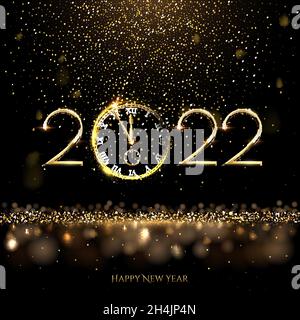 Frohes neues Jahr 2022 Uhr Countdown Hintergrund. Gold Glitzer in Licht mit funkelt abstrakten Feier. Gruß festliche Karte Vektor illustrr Stock Vektor