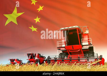 Red Roggen landwirtschaftlichen Mähdrescher auf dem Feld mit China Flagge Hintergrund, Lebensmittelindustrie Konzept - industrielle 3D-Illustration Stockfoto