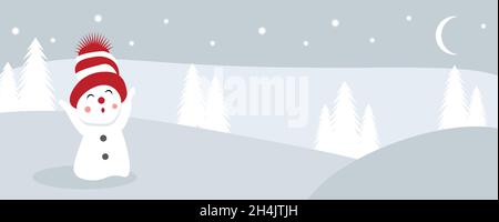 Glücklicher Schneemann steht im Winter weihnachtslandschaft. Frohe weihnachten und eine Grußkarte zum guten neuen Jahr. Lustige Schneemann in Hut auf verschneiten Hintergrund. Kopieren Stock Vektor