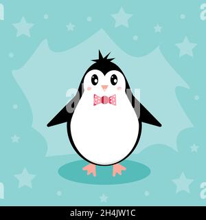 Pinguin auf einem winterblauen Hintergrund mit einer Eisbergscholle. Winterpostkarte. Hintergrund zu Weihnachten oder Neujahr. Flache Darstellung von Tieren. Stock Vektor