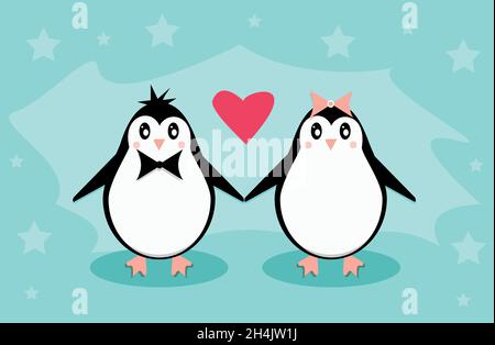 Pinguine auf blauem Hintergrund. Valentinstag-Konzept. Flache Darstellung der Tiere. Stock Vektor