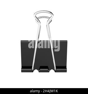 Schwarzer Binderclip auf weißem Hintergrund. Umschlagclip. Papierklammer. 3D-Illustration. Stockfoto