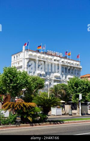 Frankreich, Alpes-Maritimes, Cannes, La Croisette, lange Promenade mit Palmen und Pinien, herrliches Hotel Stockfoto
