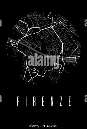 Florenz Kartenvektor schwarzes Poster. Rundansicht, Stadtplan von Florenz A4 Illustration. Stadtbild Fläche Panorama Silhouette Luftbild, ty Stock Vektor