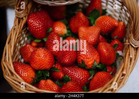 Korb gefüllt mit frischen Erdbeeren Stockfoto