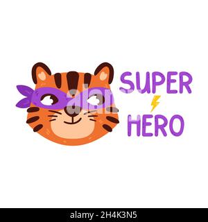 Tiger mit Superhelden Maske. Chinesisches Tierkreiszeichen. Symbol des neuen Jahres 2022, 2034. Vektordarstellung auf weißem Hintergrund isoliert. Porträt des gi Stock Vektor