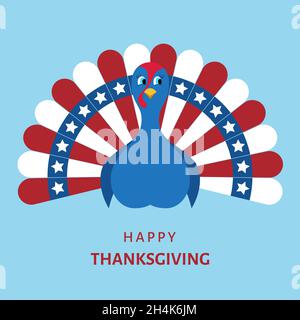 Frohe Thanksgiving-Feier Cartoon türkei Vogel in den Farben der Flagge der USA. Vektorgrafik auf blauem Hintergrund. Stock Vektor