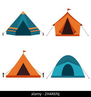 Vektorsymbole für Campingzelte auf weißem Hintergrund isoliert. Set von Campingzelten in Orange und Blau. Stock Vektor