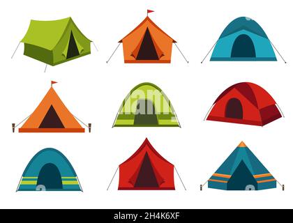 Sammlung von Camping Zelt Vektor-Icons isoliert auf weißem Hintergrund. Stock Vektor