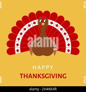 Happy Thanksgiving Feier Design mit Cartoon Türkei Vogel in Farben der Flagge von Kanada. Vektorgrafik. Stock Vektor