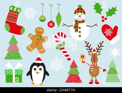 Frohe Weihnachten Set von Elementen und Symbolen. Kollektion von Neujahrsdekorationen. Vektor-Illustration mit flachem Design. Stock Vektor