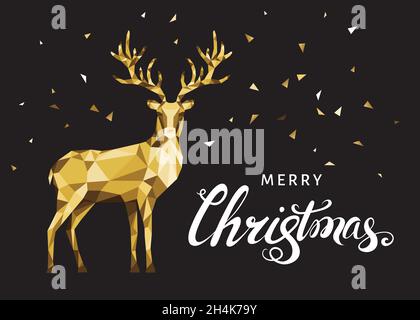 Weihnachtskarte mit goldenem polygonalem Hirsch und weißem Handschriftzug auf schwarzem Hintergrund. Vektor-Illustration im Origami-Stil. Stock Vektor