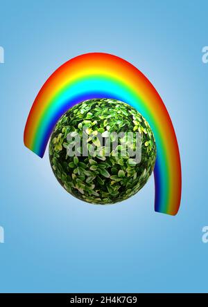 Ball bedeckt mit Blättern, die grüne Erde repräsentieren, mit einem Regenbogen an einem blauen Himmel. Stockfoto