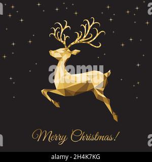 Weihnachtliche Rentiere mit niedrigem Poly-Dreieck. Weihnachtskarte mit goldenem Hirsch auf schwarzem Hintergrund. Vektor-Illustration im Origami-Stil. Stock Vektor