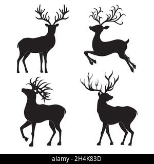 Sammlung von Weihnachten Hirsch Silhouetten isoliert auf dem weißen Hintergrund. Vektorgrafik. Stock Vektor